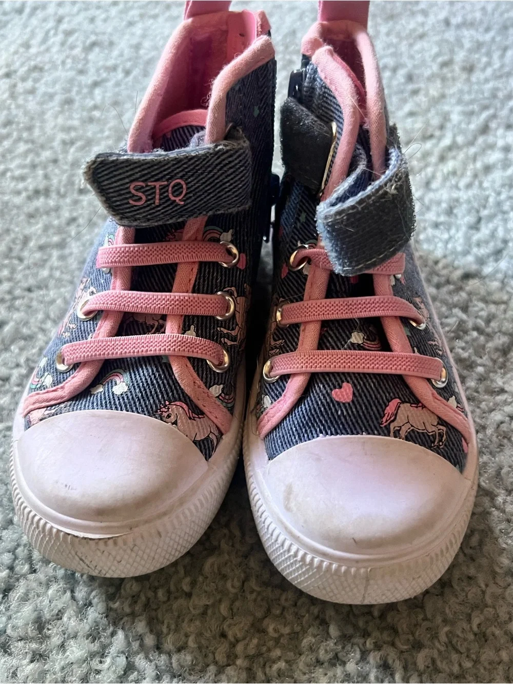 Girls High Top Sneaker Unicorn Animal Print Hook & Loop Navy Pink US 7